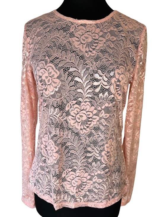 None Tops - Women's Pink Stretch Lace Sheer Long-Sleeve Top